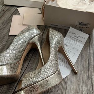 Jimm Choo Silver Champagne Glitter Heels sz 39 1/2 receipt and box fit like US 9